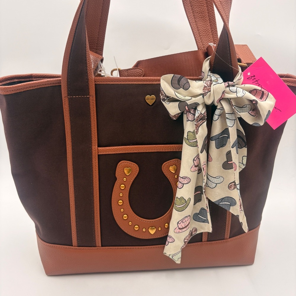 Betsey Johnson XODAVIC2 Brown Canvas Horseshoe Studded Tote Bag with Pouch